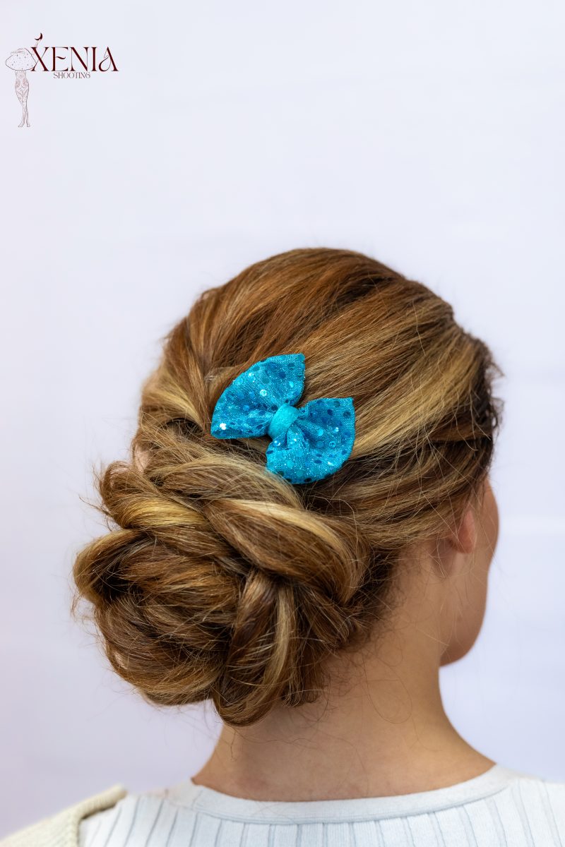 noeud pour cheveux turquoise pailleté made in france