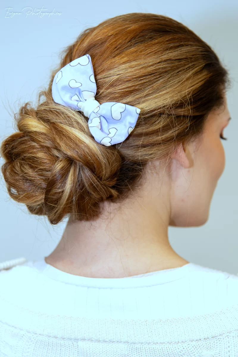 noeud pour cheveux made in france mauve à coeurs