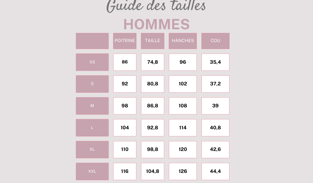 guide des tailles hommes
