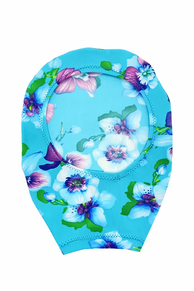 housse de poche de stomie bleu turquoise made in france fleuri