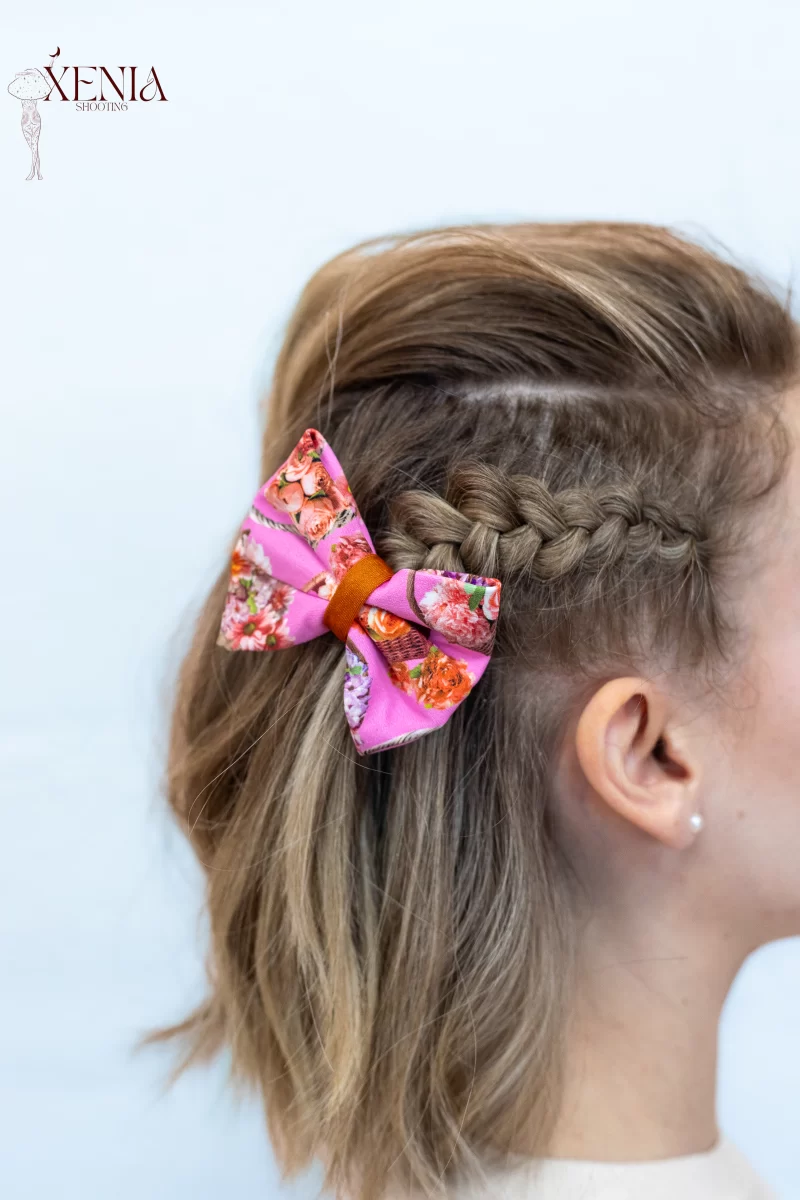Noeud pour cheveux Made in France en lycra rose imprimé Panier de Fleurs