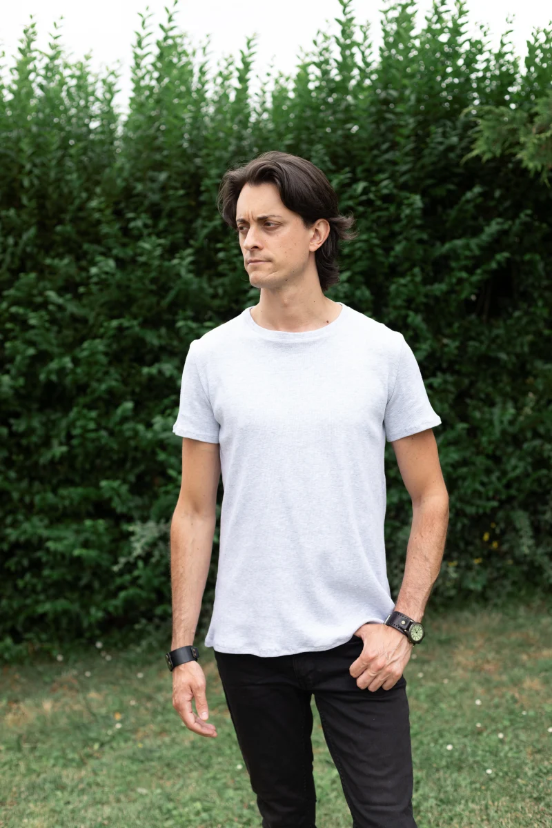 tee-shirt homme jersey coton côtelé gris clair chiné made in france