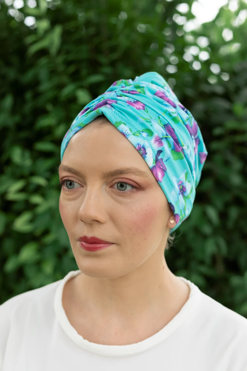 turban turquoise à fleurs made in france